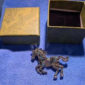 Silver Plated Horse Brooch with Multi Coloured Accents